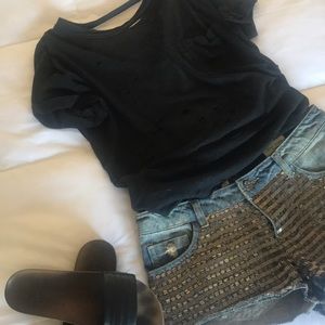 Beaded Denim Cut Off Shorts